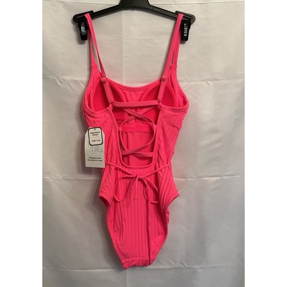 Time And Tru 1 Piece Bright Pink RIbbed Swimsuit Padded Cups Size XS (0-2) NEW - Picture 3 of 5